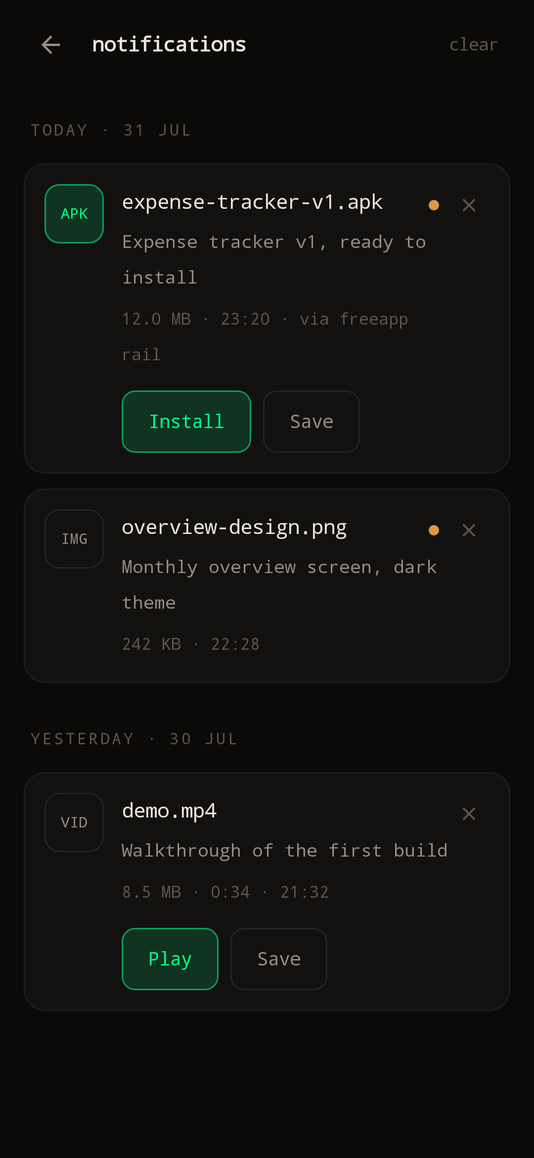 freeapp notifications screen: APK, design image and demo video delivered to the phone