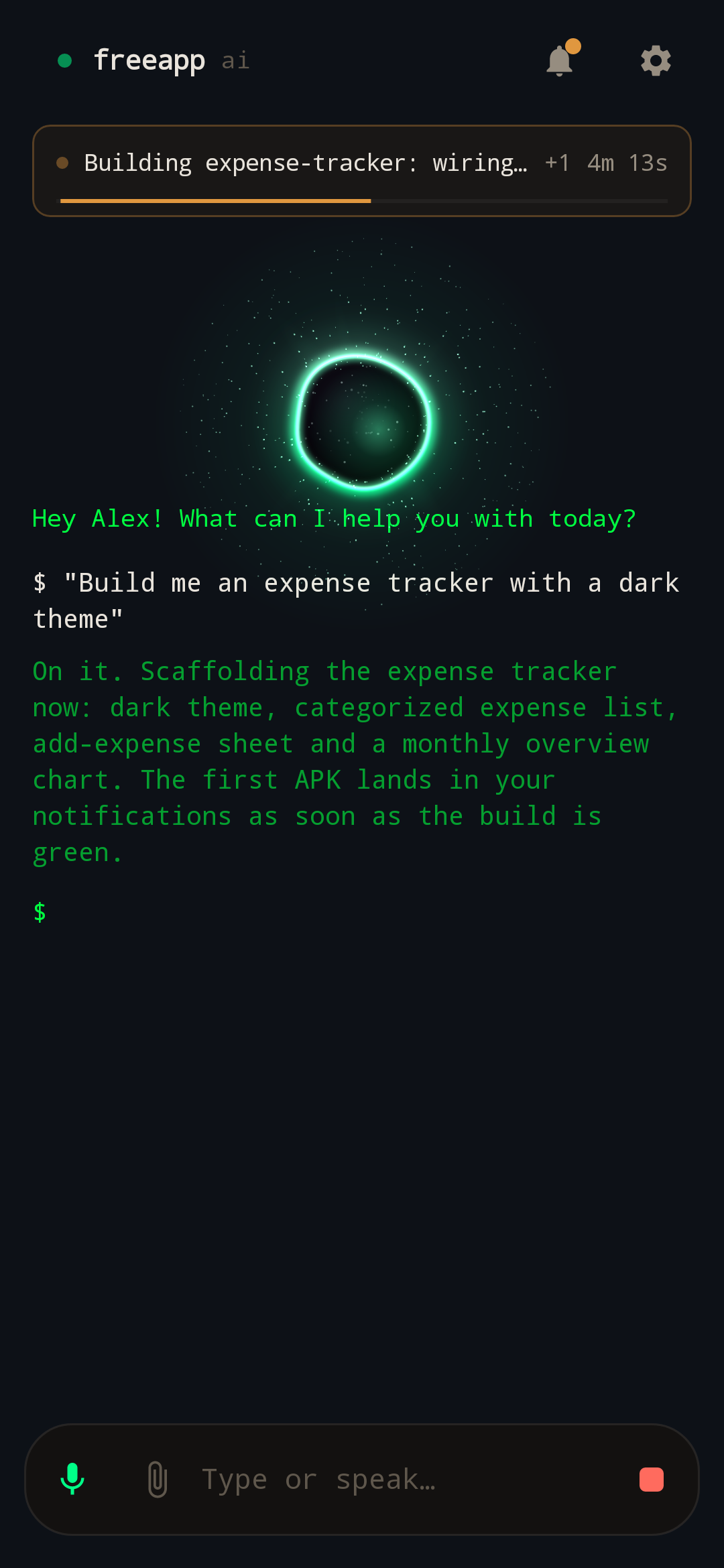 freeapp connected: green status dot, green orb, conversation ready