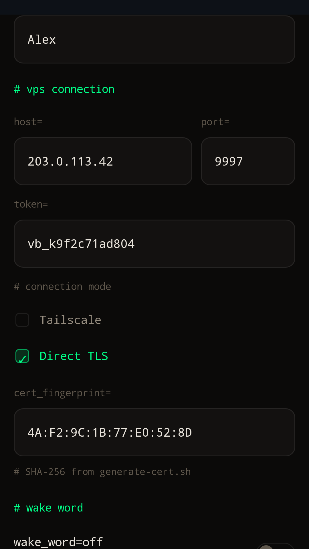 freeapp settings with Direct TLS selected and dummy pairing values