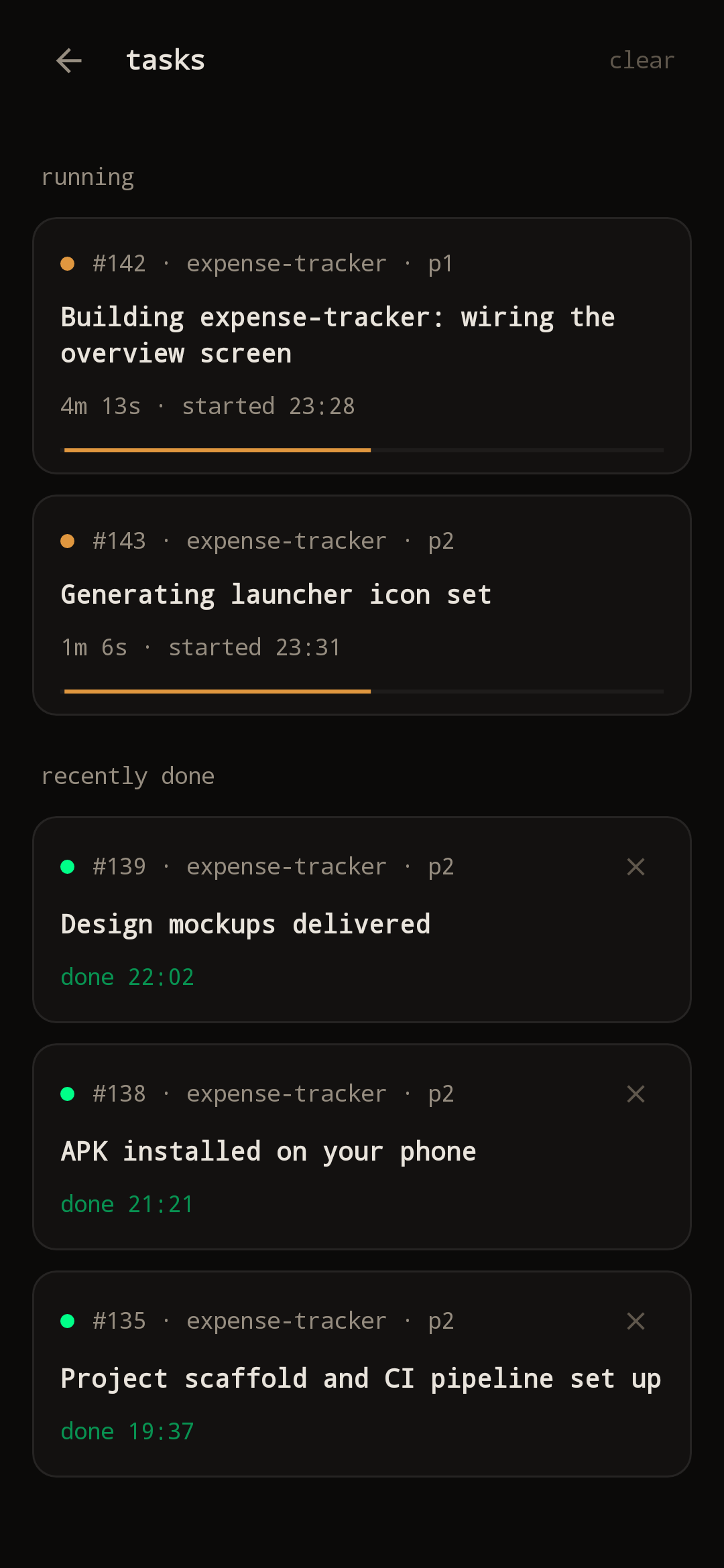freeapp tasks screen: running builds and recently completed tasks